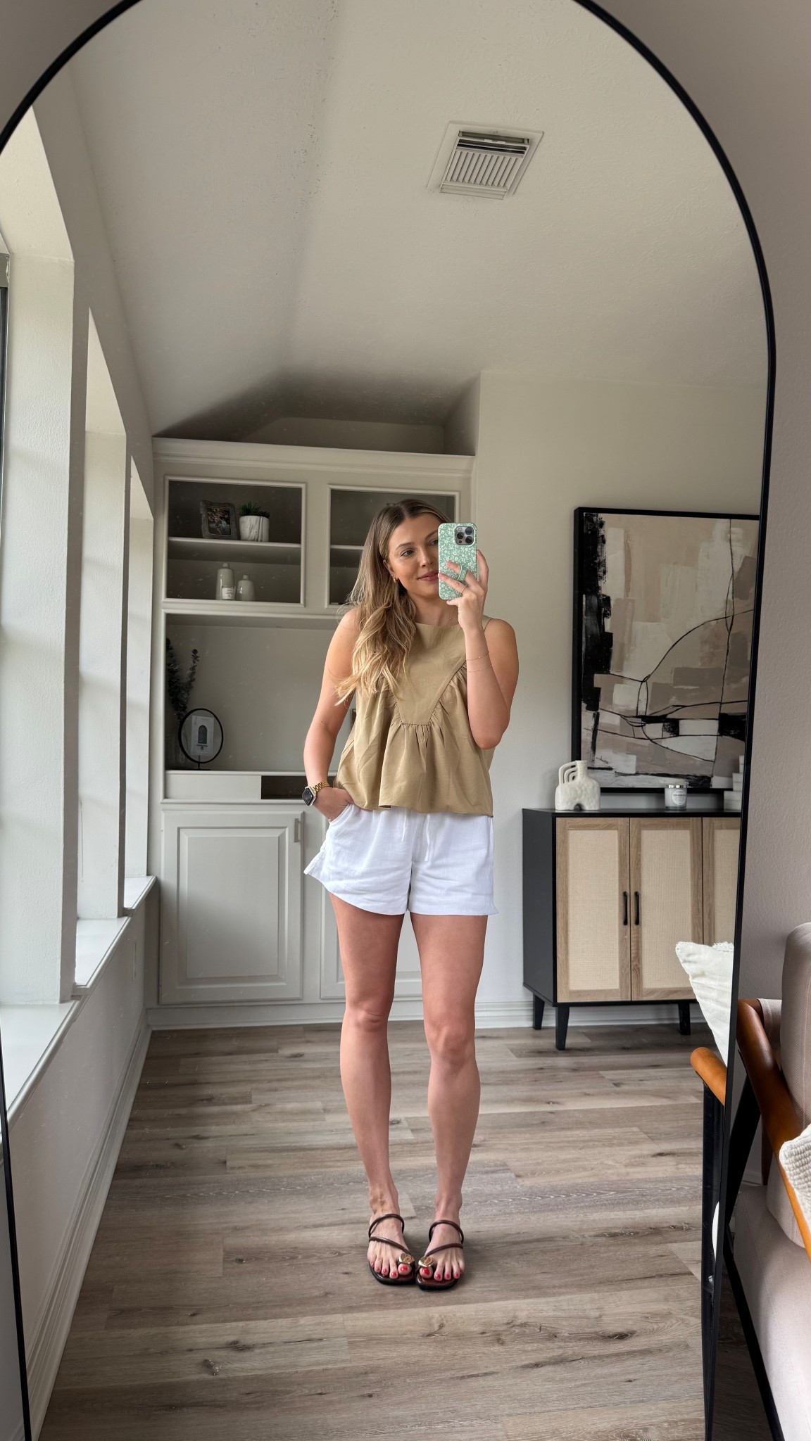 Casual spring vacation outfit | this top is super nursing friendly!! I wear size S. I’m wearing a M in linen shorts I wore while pregnant, would prefer size S now. 5)3:3 sandals are perfect for vacation! They run tts. 

#LTKShoeCrush #LTKStyleTip #LTKTravel