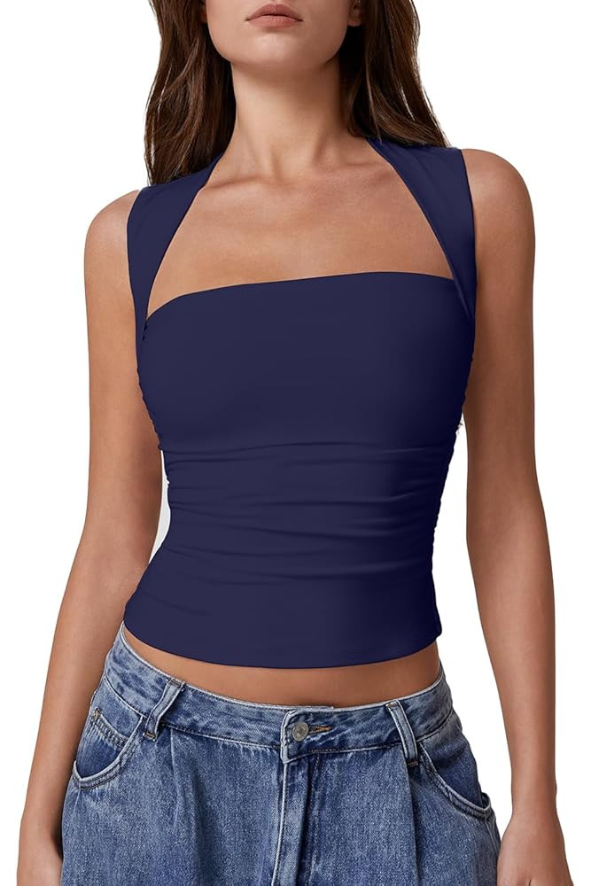 QINSEN Womens Square Neck Tank Tops Side Ruched Double Lined Slim Fit Summer Going Out Crop Top | Amazon (US)