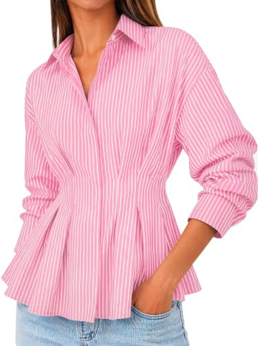 Cicy Bell Women Striped Peplum Button Shirts Business Casual Pleated Blouse | Amazon (US)