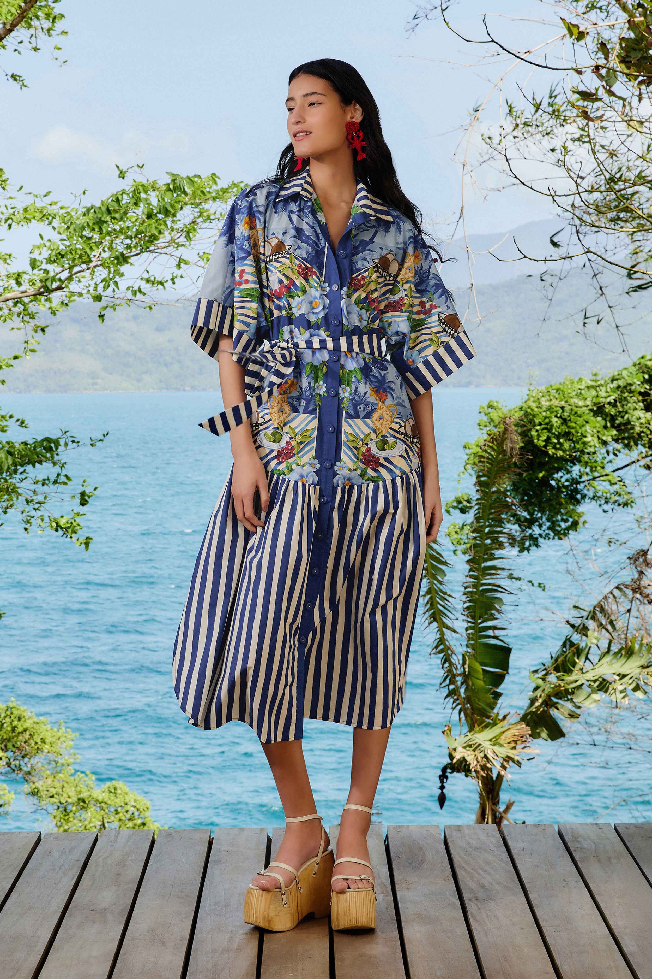 Blue Fresh Table Scarf Organic Cotton Midi Dress, FRESH TABLE SCARF BLUE / XL | FarmRio (US)