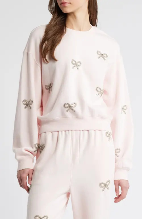 LoveShackFancy Amiyla Crystal Bow Sweatshirt in Icicle Pink at Nordstrom, Size Small | Nordstrom