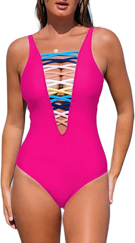 SOFIA'S CHOICE Women's Sexy One Pieces Swimsuit Lace Up Deep V Bathing Suit Beachwear | Amazon (US)