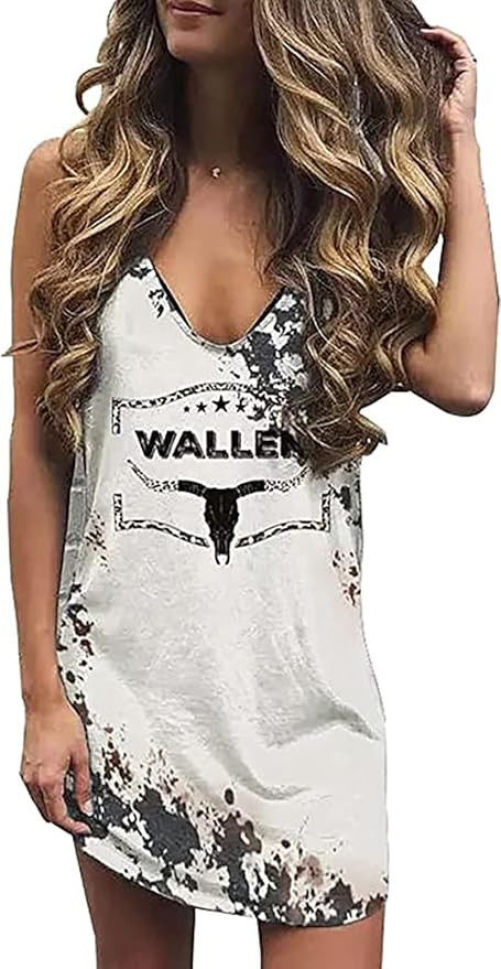 ZIFOTA Women Retro Steer Skull Bleached Wallen Mini Dress Western Country Music Tank Dress Summer... | Amazon (US)