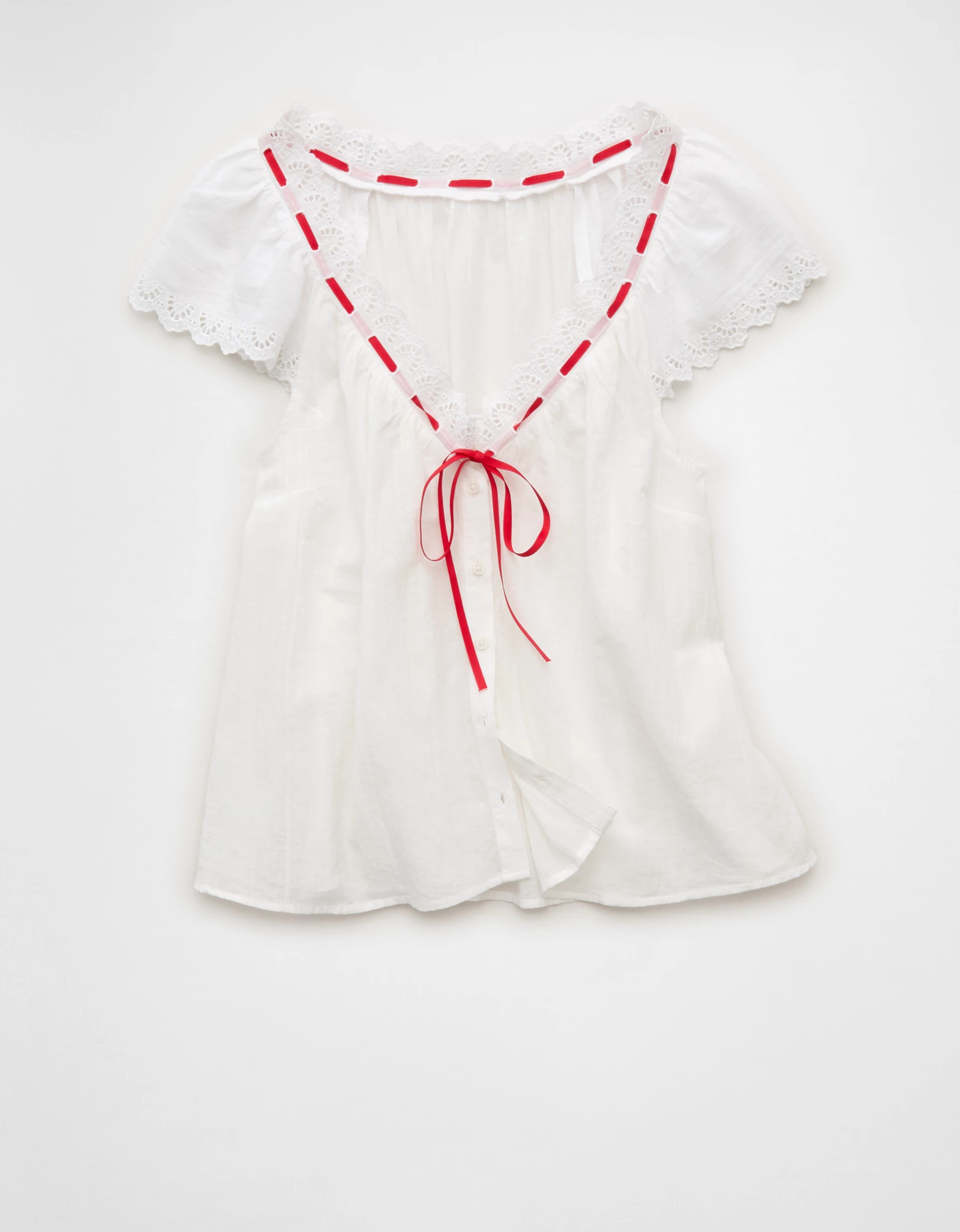 AE Short-Sleeve Ribbon Blouse | American Eagle Outfitters (US & CA)
