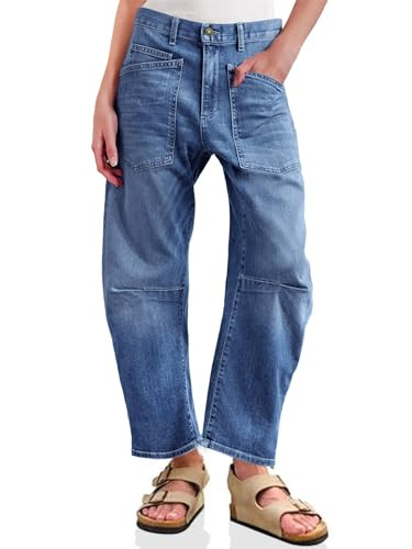PLNOTME Womens Baggy Barrel Horseshoe Jeans High Waisted Wide Leg Vintage Denim Pants with Front Pockets Blue | Amazon (US)