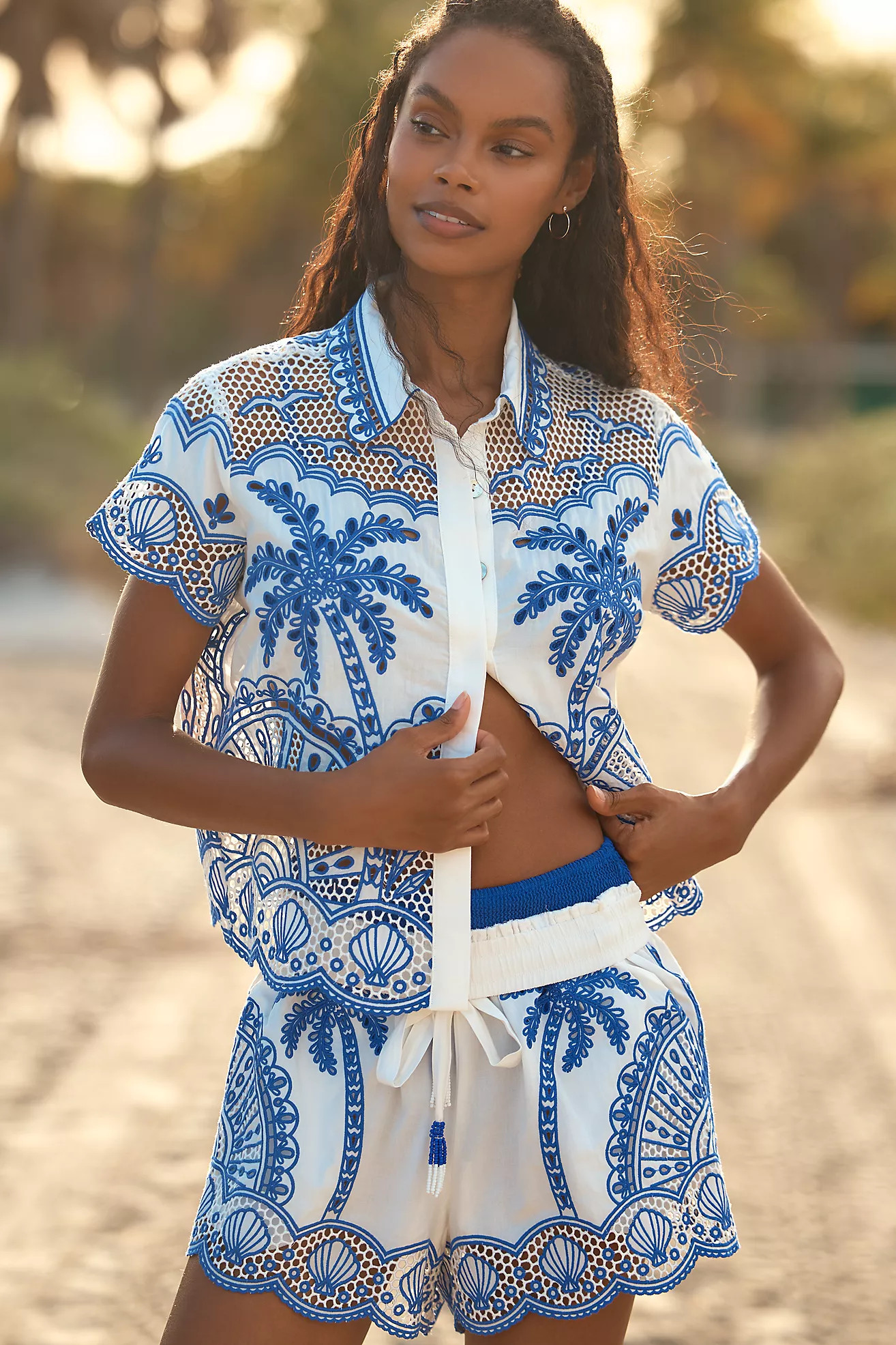 Farm Rio Mesh Buttondown Blouse | Anthropologie (US)