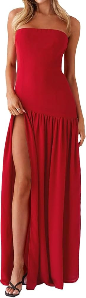 Willow Dance Women Tube Top Dress Printed Mesh Patchwork Maxi Dress Strapless Sexy High Slit Long... | Amazon (US)