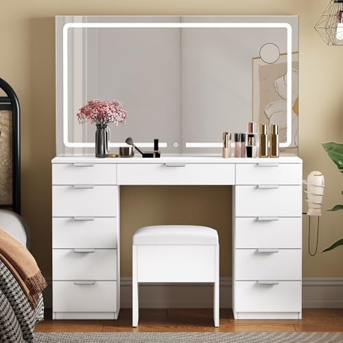 YITAHOME Makeup Vanity with LED Illuminated Mirror & Power Outlet, 46'' Vanity Desk Set Boasting 11 Drawers, Dressing Table with Storage Bench for Bedroom, 3 Lighting Color Adjustable, Off White | Amazon (US)