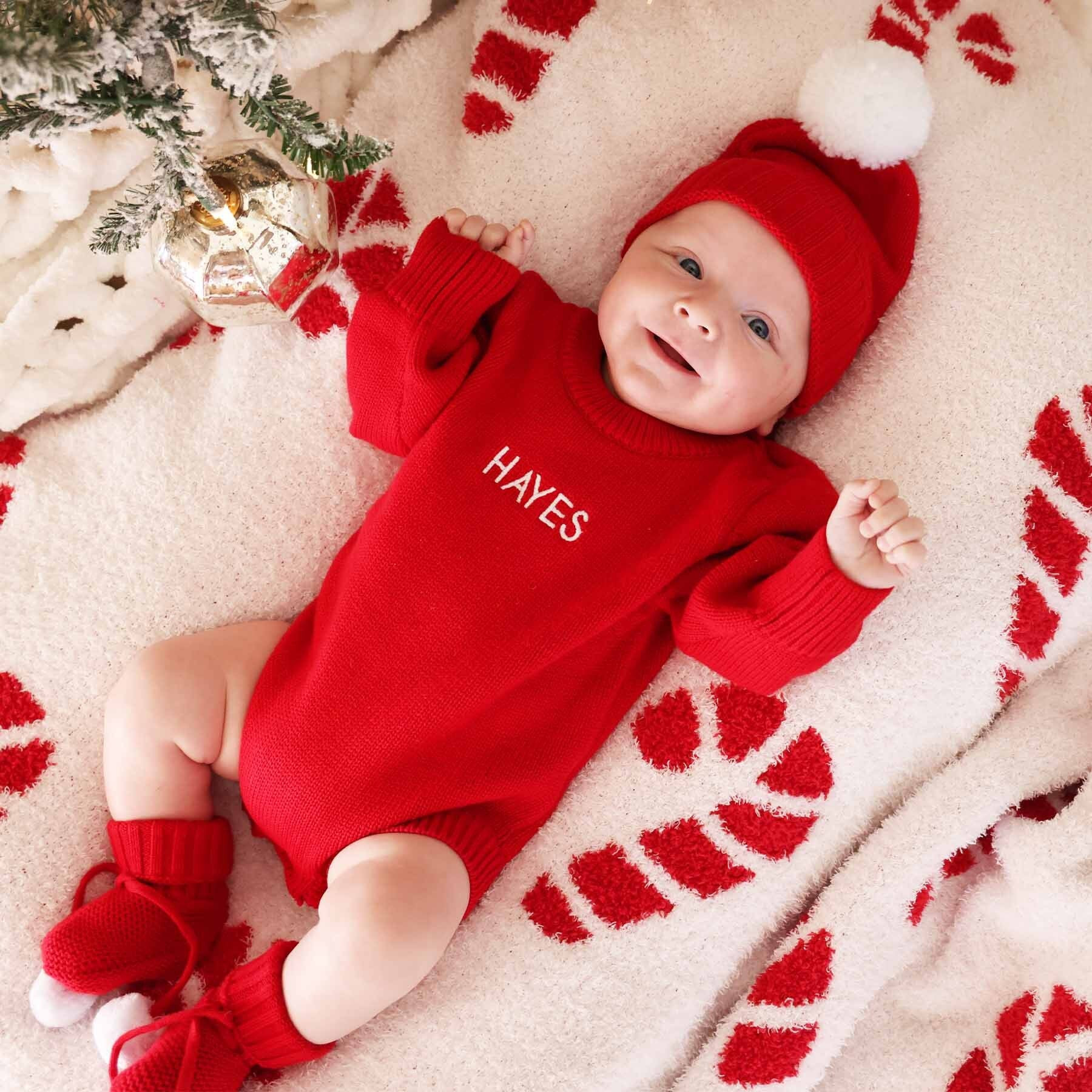 Embroidered Knit Sweater Bubble Romper | Red | Caden Lane