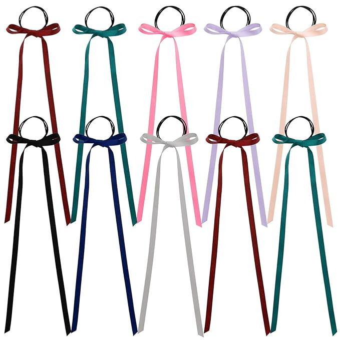 PAGOW 10 Pieces Long Silk Ribbon Hair Bands, Colourful Hair Scarf with Bow Silk Hair Ties, Satin ... | Amazon (US)