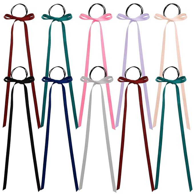 PAGOW 10 Pieces Long Silk Ribbon Hair Bands, Colourful Hair Scarf with Bow Silk Hair Ties, Satin ... | Amazon (US)