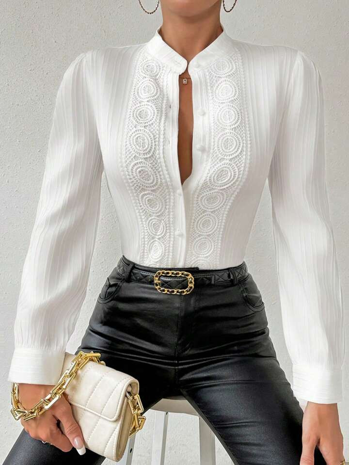 SHEIN Raffinéa Ladies' Lace Splice Pleated Blouse Women Shirt,Long Sleeve Tops | SHEIN