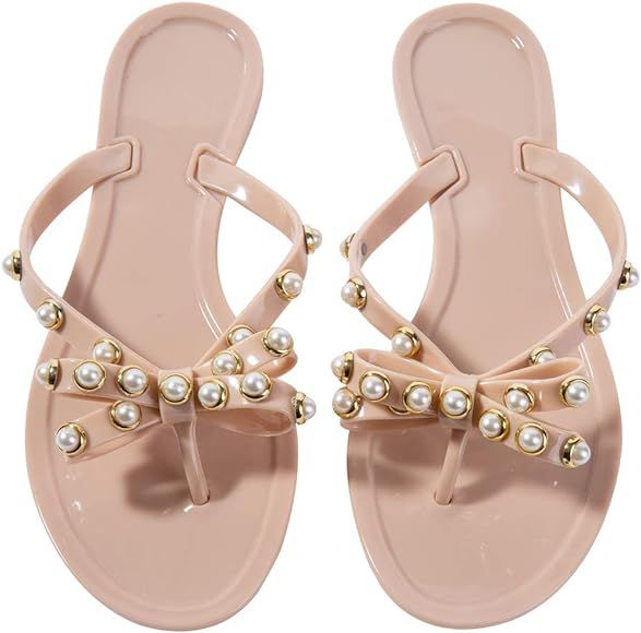 Women Pearls Flip Flops Clear Bow Sandals Beach Flat Crystal Jelly Thong Flats | Amazon (US)