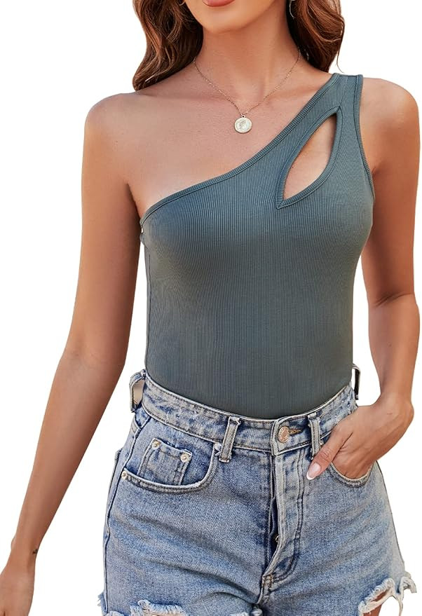 MIRALUNA Women's Casual Sexy One Shoulder Cutout Front Bodysuit Sleeveless Ribbed Slimming Knit T... | Amazon (US)