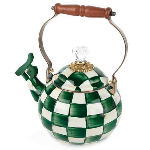 MACKENZIE-CHILDS Enamel Whistling Tea Kettle, Decorative Teapot, Green-and-White Emerald Check | Amazon (US)