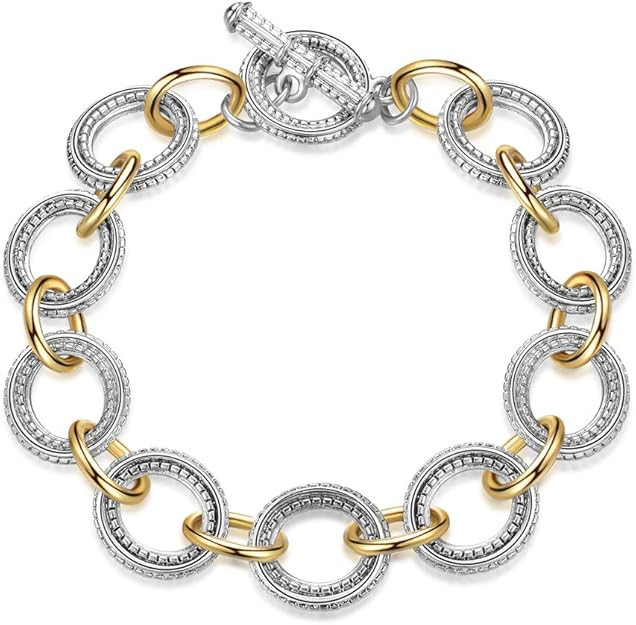 Mytys Chunky Chain Link Bracelet Two-Tone Mixed Metal Textured Toggle Clasp Statement Bangle Brac... | Amazon (US)