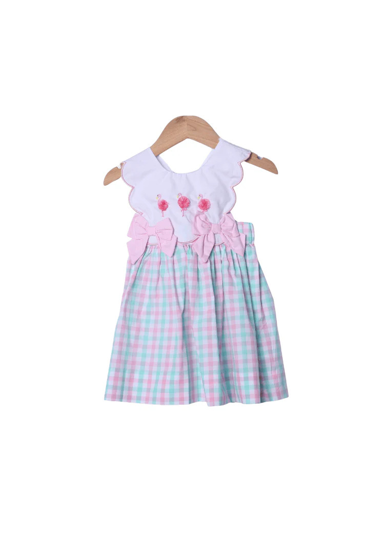 Flamingo Pink and Mint Plaid Bow Dress | The Smocked Flamingo