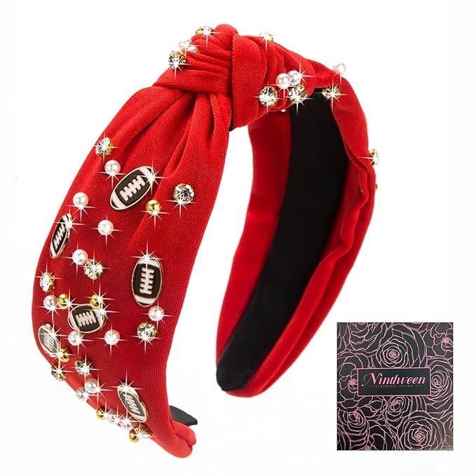 Women's Fashion Football Headband Black Red Orange Blue Pearl Rhinestone Jeweled Knotted for Girl... | Amazon (US)