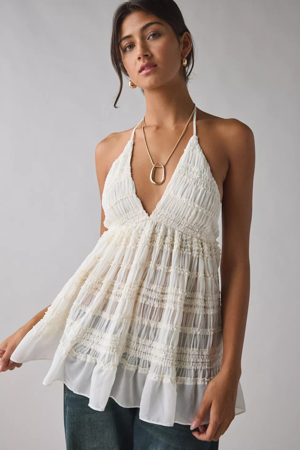 Kimchi Blue Edith Ruffle Babydoll Tunic Halter Top | Urban Outfitters (US and RoW)