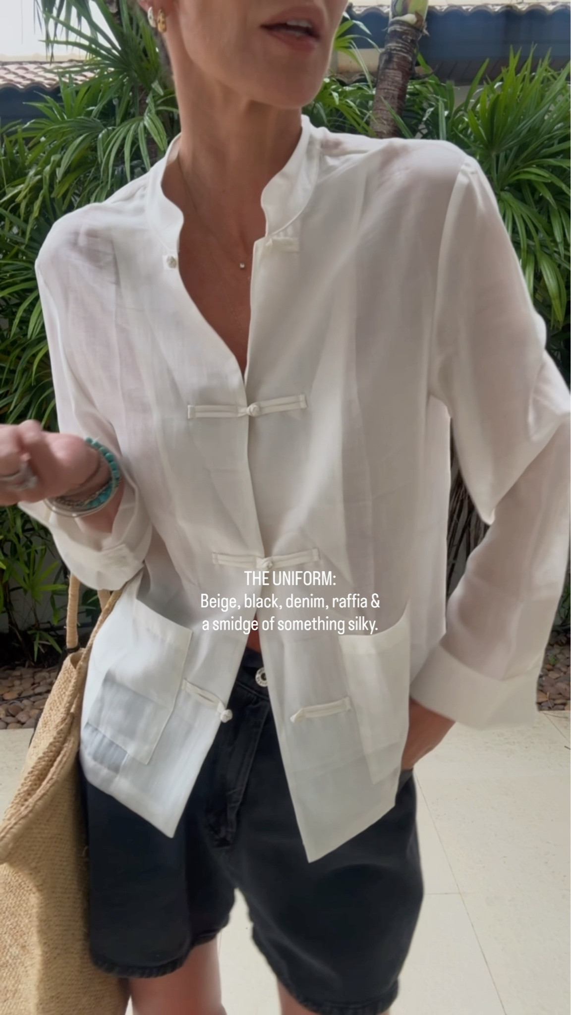 Summer uniform ☀️ 

I so love colour but always fall back to my uniform… black, white, denim and playing with textures like a little silky piece and a raffia bag. Plus a little Thailand souvenir bracelet. 



#LTKeurope #LTKuk #LTKsummer