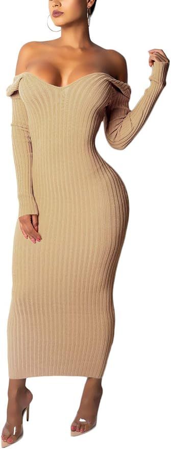 Cinyifaan Women's Casual Off Shoulder Long Sleeves Slim Knit Bodycon Sweater Dress Midi Pencil Dr... | Amazon (US)