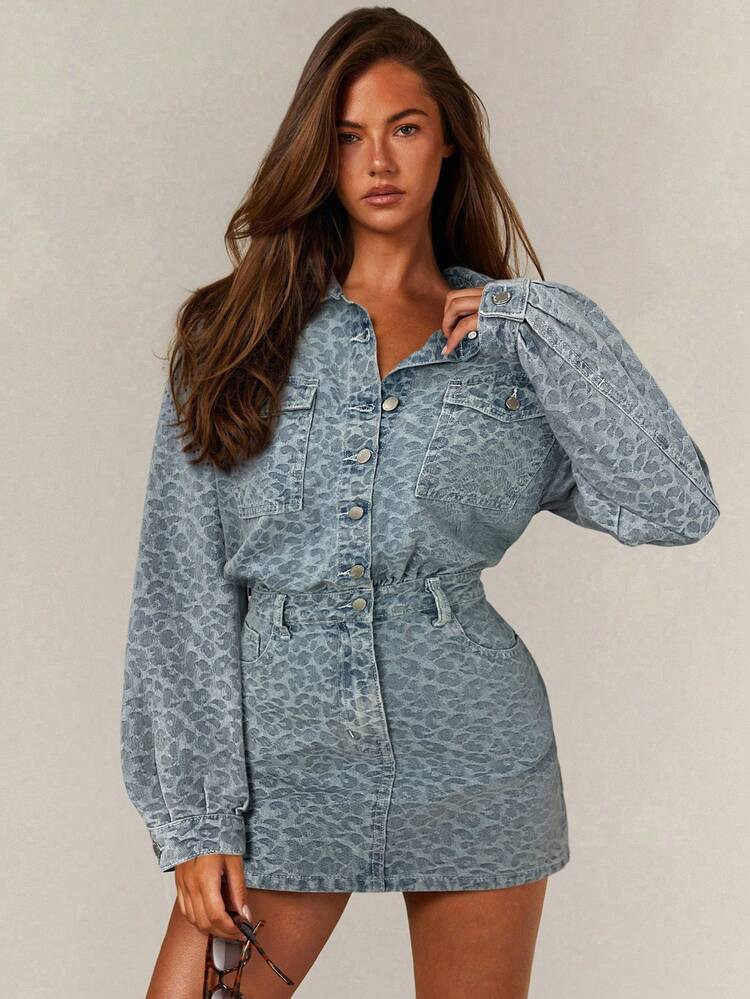 Athîral Women's Leopard Print Single-Breasted Casual Light Blue Denim Long-Sleeved Dress For Dates And Outings,Leopard Print Textured Denim Dress, Fitted Silhouette, Button-Down Front Design,Casual Dress,Vacation Outfits Women,Casual Dresses For Women,Leopard Print Dress,Going Out Dress For Women,Carnival Clothes,Spring Outfit Women,Summer Holiday Outfits | SHEIN