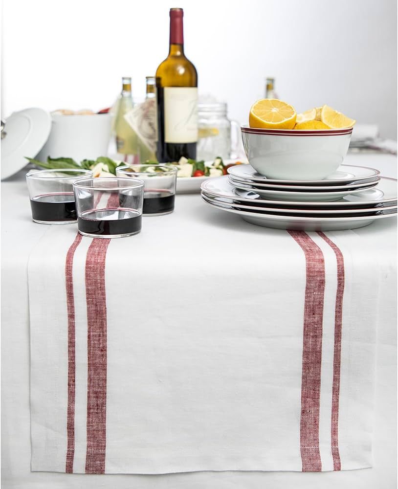 Solino Home Stripe Linen Table Runner 90 inches Long – 100% Pure Linen Burgundy and White Table... | Amazon (US)