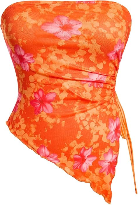 Milumia Women's Floral Print Strapless Tube Top Ruched Drawstring Asymmetrical Tank Tops | Amazon (US)