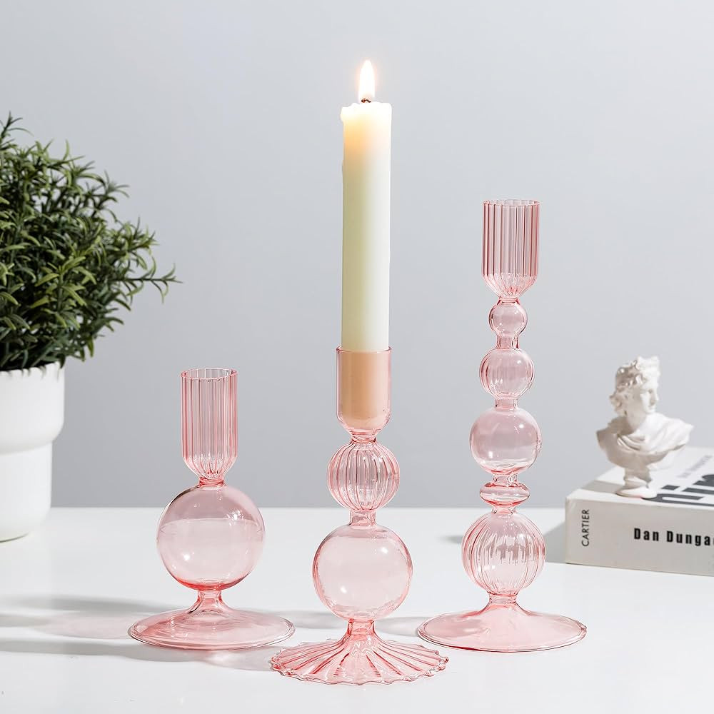 Glasseam Pink Glass Candlestick Holder: Unique Candle Holders Set of 3 Modern Taper Candle Holder... | Amazon (US)