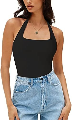 Berryou Bodysuit for Women Square Neck Halter Sleeveless Tank Tops Sexy Backless Bodysuits Slim F... | Amazon (US)