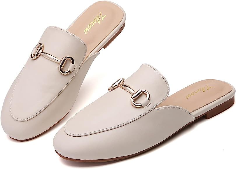 Tilocow Buckle Mules for Women Round Toe Backless Flat Mules Comfortable Slides Mules Shoes Ladies S | Amazon (US)