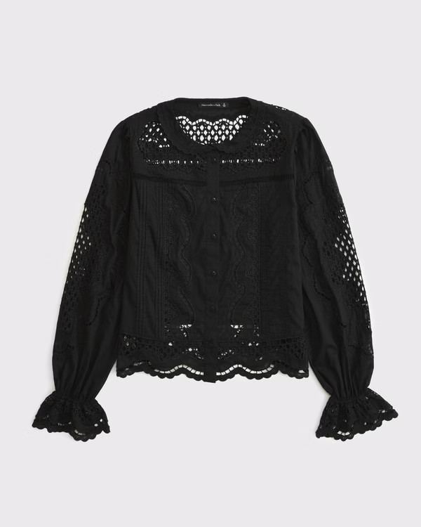 Long-Sleeve Eyelet Lace-Trim Top | Abercrombie & Fitch (UK)