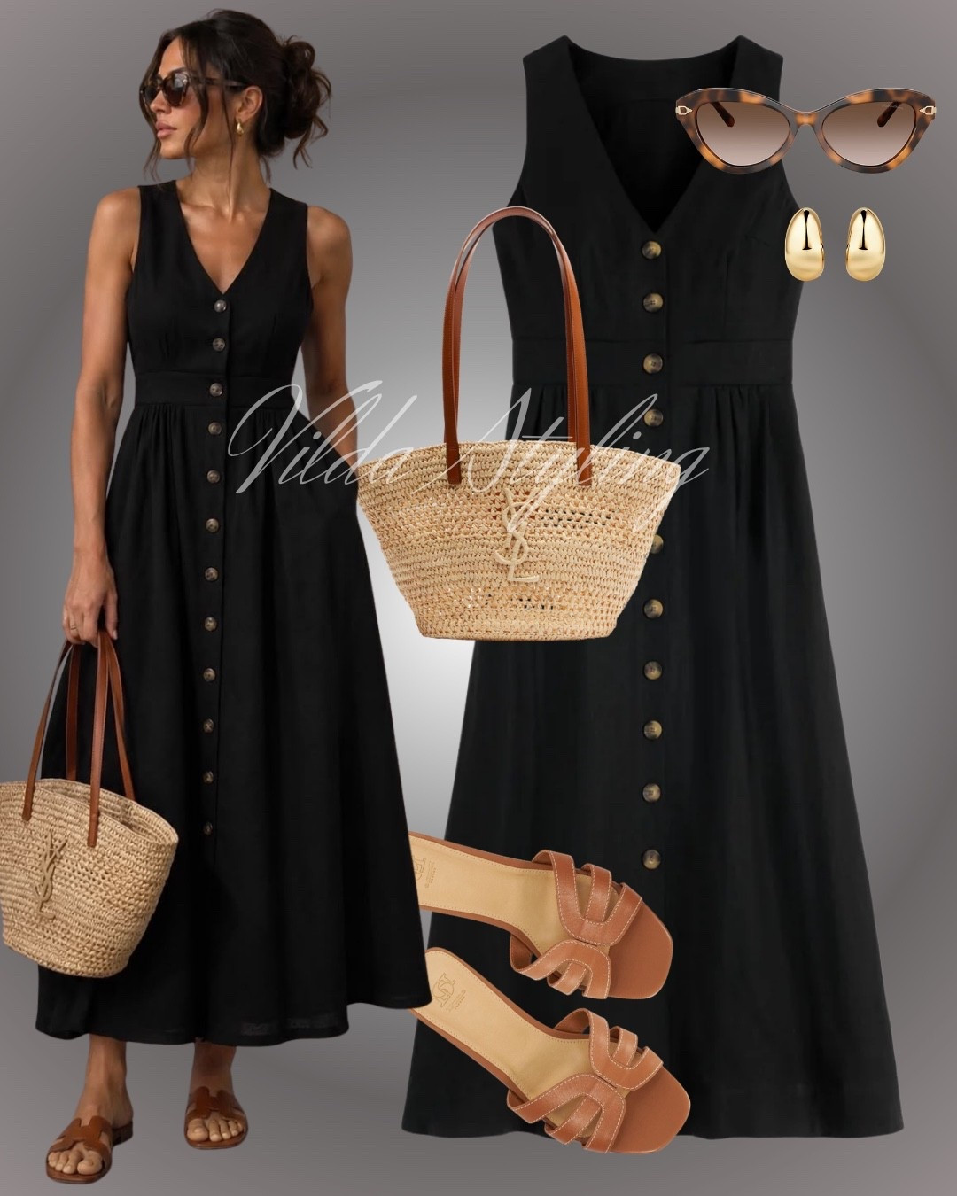 Effortless style for warm days! This black button-down linen dress is my summer go-to. Paired with a straw tote and simple leather sandals, it's perfect for brunch or a casual outing. Complete the look with cat-eye sunglasses and gold earrings. #summersyle #LTKootd

#LTKsummer #LTKdresses #LTKstyletip