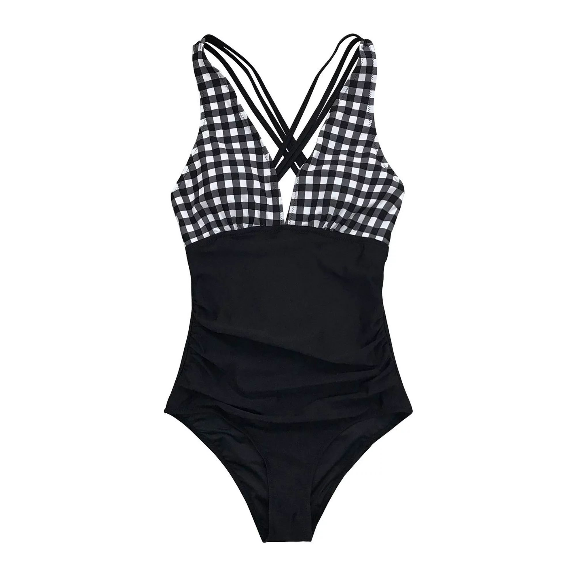 Cupshe Women's Gingham Ruched Criss-Cross Back One Piece Swimsuit Black, M - Walmart.com | Walmart (US)
