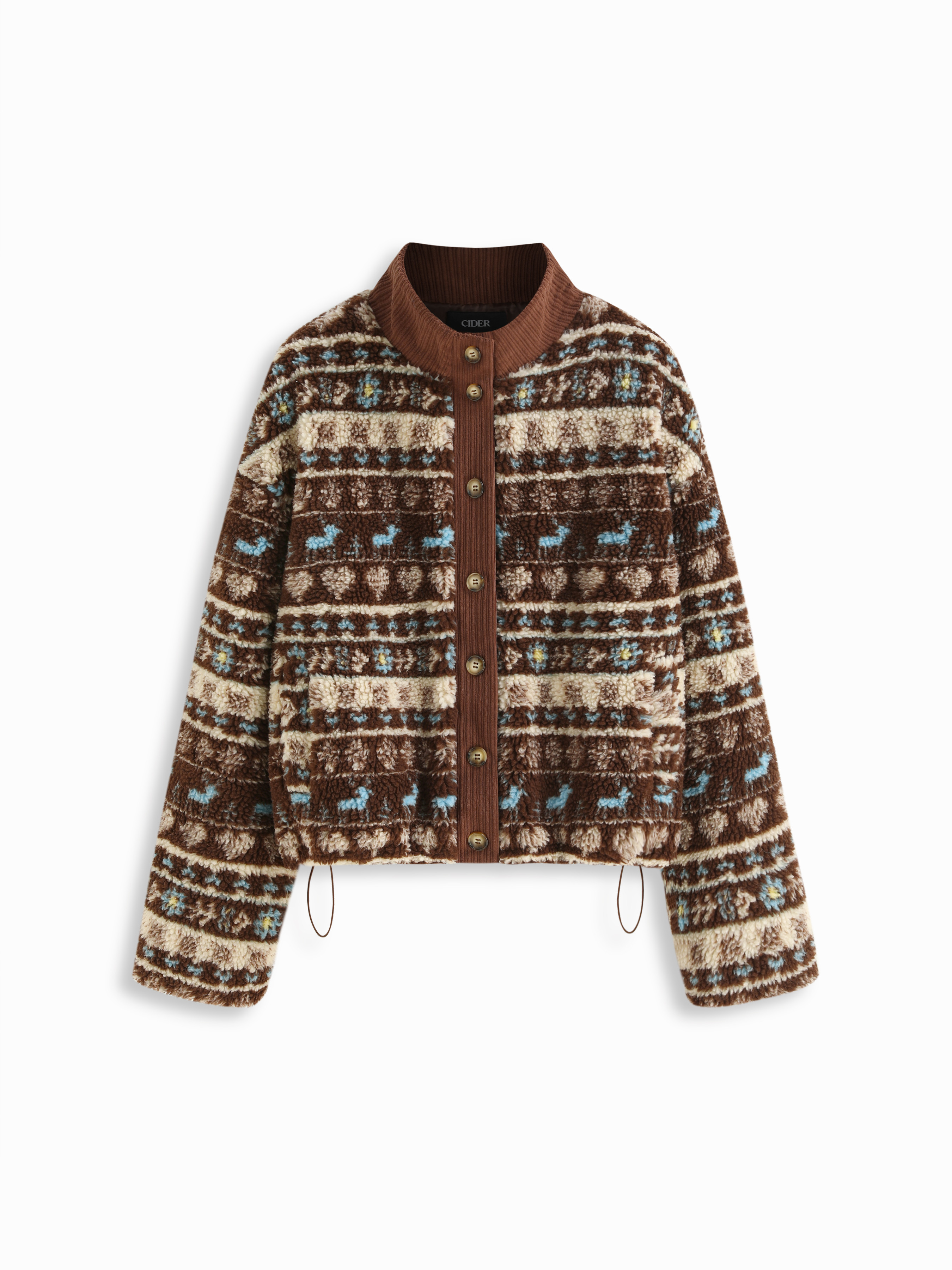 Fleece Fleece Aztec Print Stand Collar Long Sleeve Drawstring Button Jacket For Daily Casual | Cider