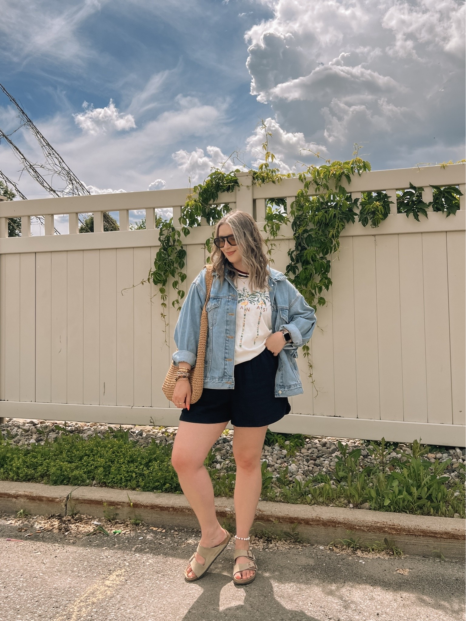 Casual summer outfit! Wearing my usual size L in the graphic tee. Sized up to XL in the denim jacket for an oversized fit. Shorts are from Old Navy last year, linked similar. Birkenstock sandals fit tts

#LTKsummer #LTKmidsize #LTKsale
