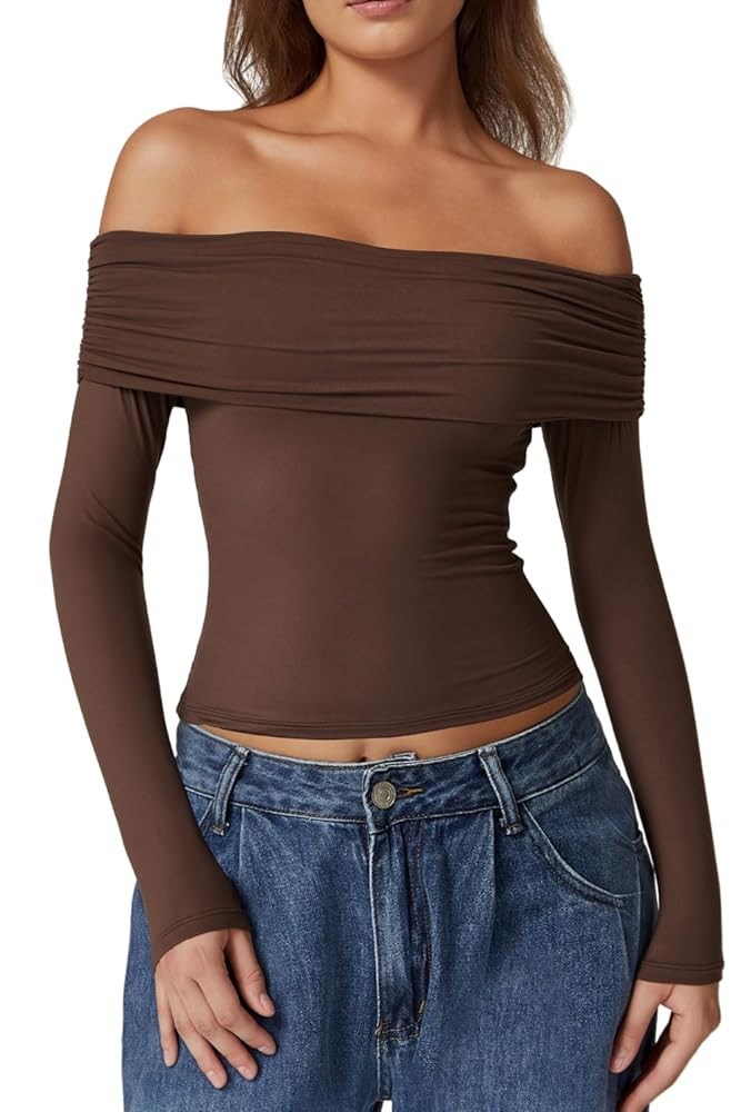 QINSEN Womens Off The Shoulder Tops Double Lined Long Sleeve T Shirts Slim Fitted Stretchy Crop T... | Amazon (US)