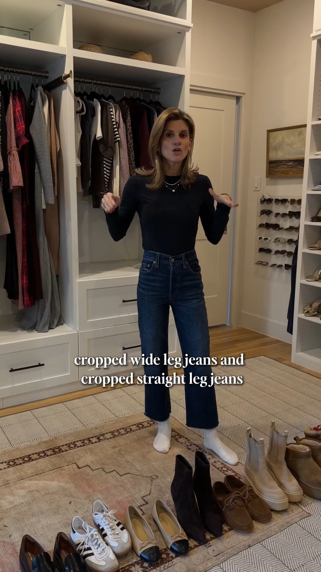 The most versatile jeans in my opinion are cropped straight leg jeans/cropped wide leg jeans. Linking my favorite which are the Levi Straight Ankle Ribcage and the Good American Pilazzo cropped wide leg jean 