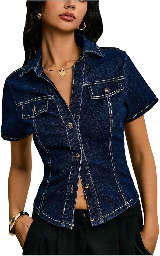 OYOANGLE Women's Short Sleeve Button Down Denim Jackets Collared Fitted Y2K Jean Shirt Tops | Amazon (US)