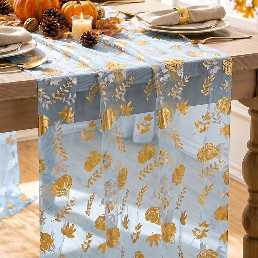 Artoid Mode Fall Gauze Table Runner 120 Inch, Metallic Foil Leaves | Amazon (US)