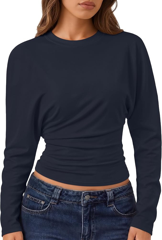 ZESICA Women's Batwing Long Sleeve Shirts Cinched Waist Crop Going Out Tops | Amazon (US)