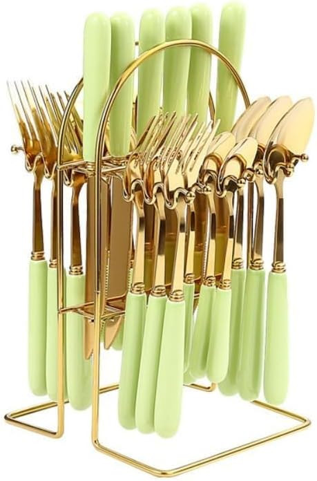 （24 Pieces）Imitation Marbled Ceramic Handle Kitchen Stainless Steel Silverware Tableware Flatware Cutlery Knives Forks Spoons Set for 6 People (Light green,B) | Amazon (US)