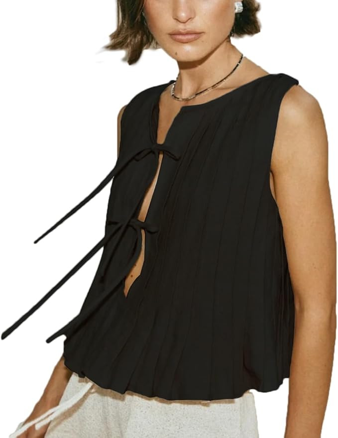 Tie Front Tank Tops for Women Y2K Bow Sleeveless Coquette Pleated Ruffle Shirts Summer 2024 Babyd... | Amazon (US)