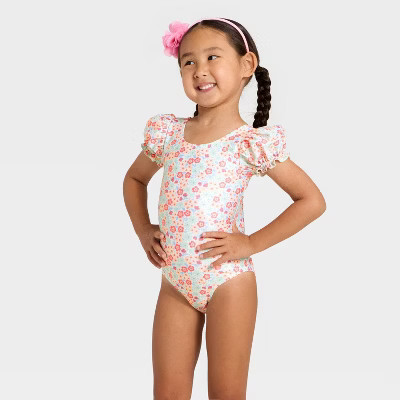 Toddler Girls' Puff Sleeve Ditsy Floral One Piece Swimsuit - Cat & Jack™ Cream | Target