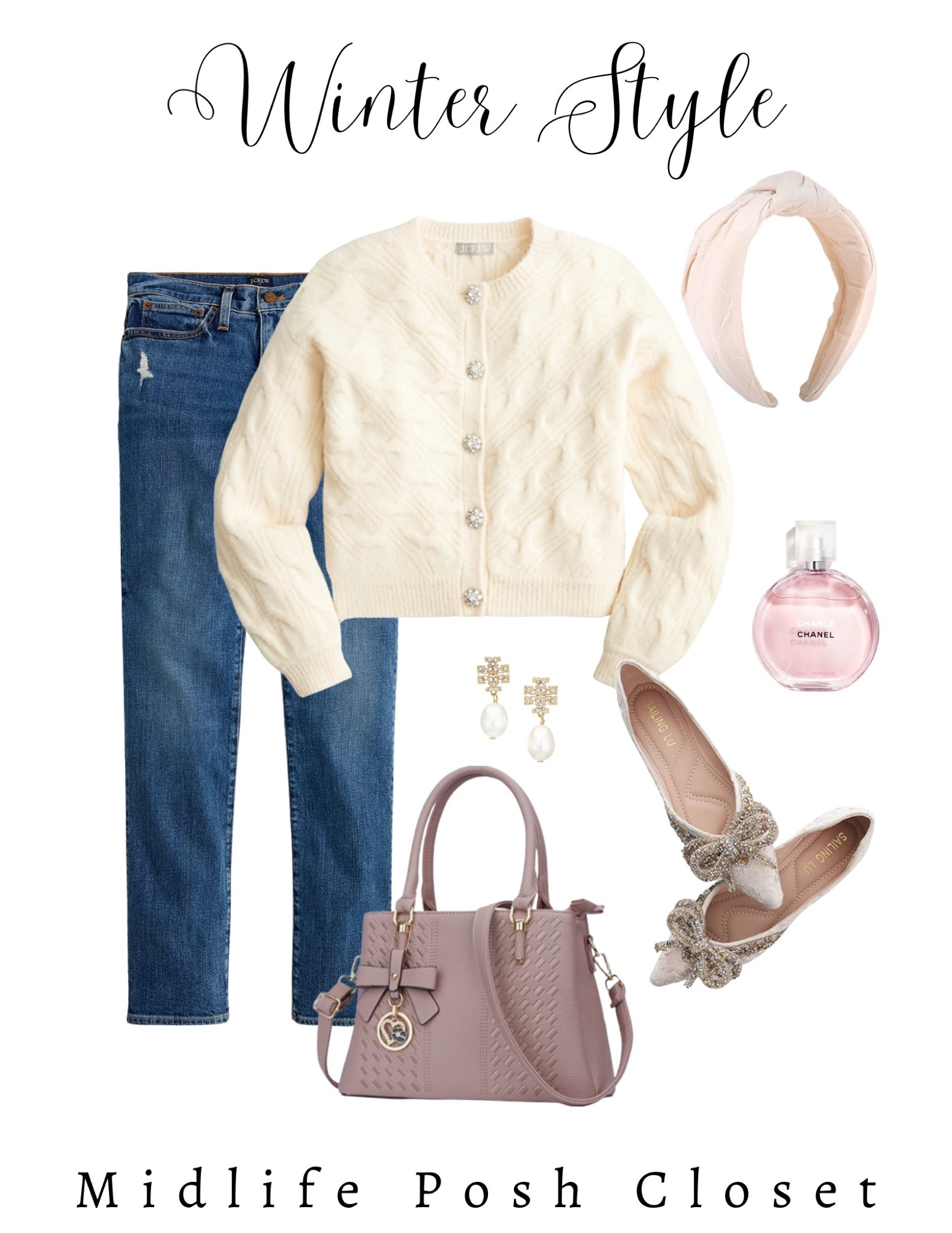 Simple chic. Pair an ivory cardigan with comfy boyfriend jeans, jeweled flats, Pearl teardrop earrings, a hot handbag & a feminine headband for a preppy, classic outfit. New England & Midwest Style for women for 40, women over 50  

#LTKSeasonal #LTKshoecrush #LTKstyletip