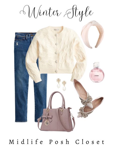 Simple chic. Pair an ivory cardigan with comfy boyfriend jeans, jeweled flats, Pearl teardrop earrings, a hot handbag & a feminine headband for a preppy, classic outfit. New England & Midwest Style for women for 40, women over 50  

#LTKSeasonal #LTKshoecrush #LTKstyletip