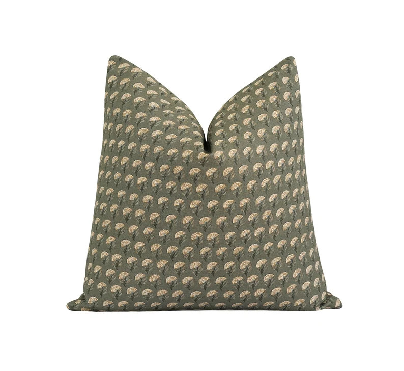 Vintage Inspired Small Floral Pillow Cover, Tan and Caramel Brown Fan Print, Green Block Print Pi... | Etsy (US)