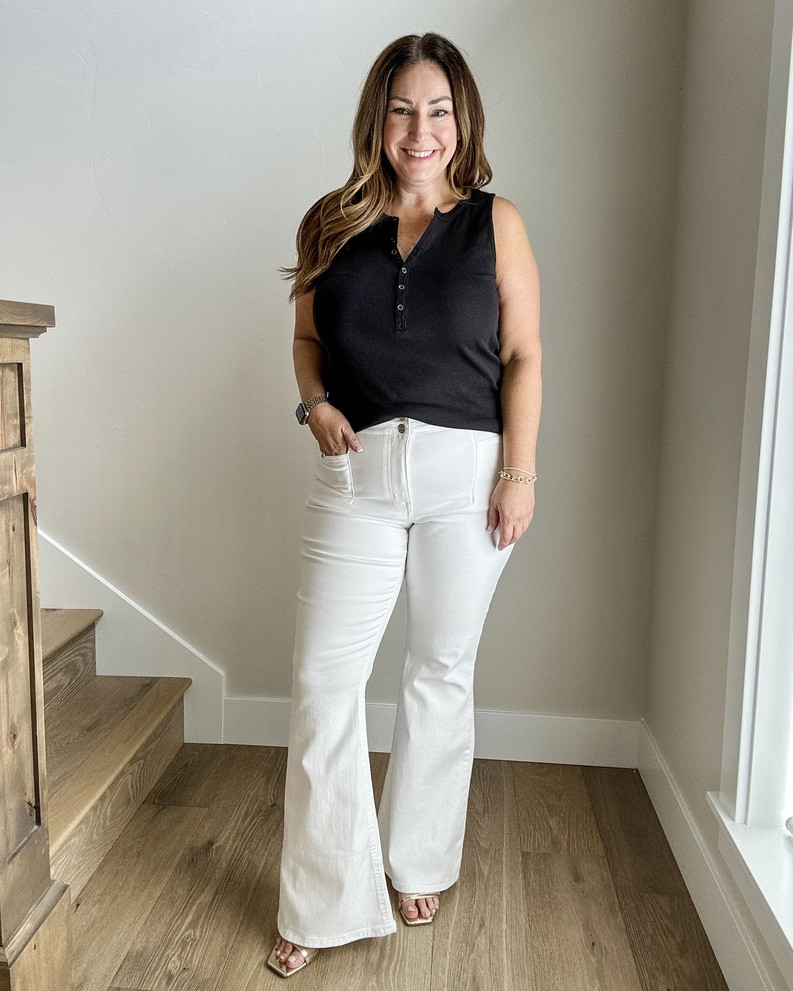 Jeans on sale at maurices today 8/16! These come in 5 lengths and tons of washes and styles. White High Rise Flare in 14 original fit, regular length tank in large 

Jeans, fall jeans, midsize, TheRecrutierMom 

#LTKMidsize #LTKSeasonal #LTKSaleAlert