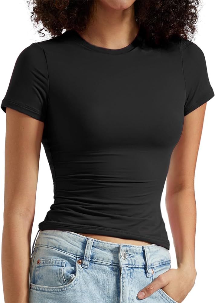 OMKAGI Double Lined Slim Fit T Shirts for Women Short Sleeve Crew Neck Crop Top | Amazon (US)