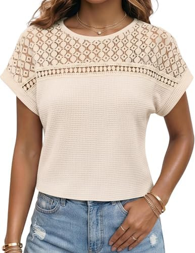 Womens Waffle Knit Tops Short Sleeve Hollow Out Shirts Loose Fit Casual Summer Tops Dressy Busine... | Amazon (US)
